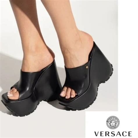 versace leather platform wedge mules|Versace leather sandals.